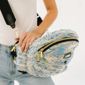 Tush Baby hip carrier with crossbody strap - blue and yellow metallic tweed